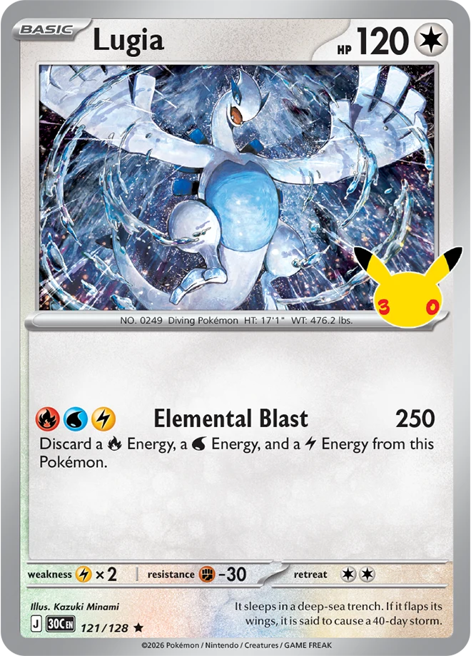 Lugia card 121 from Pokémon TCG 30th Celebration