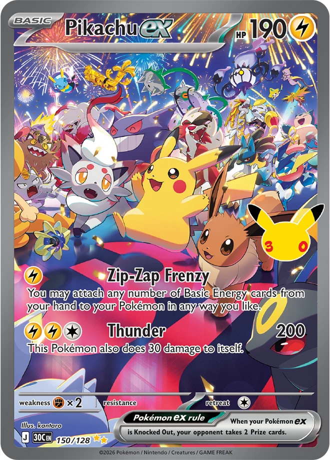 Pikachu ex card 150 Zip Zap Frenzy from 30th Celebration