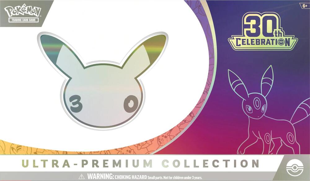 30th Celebration Ultra Premium Collection Night box, flat product shot with purple and pink gradient and holographic Pikachu logo