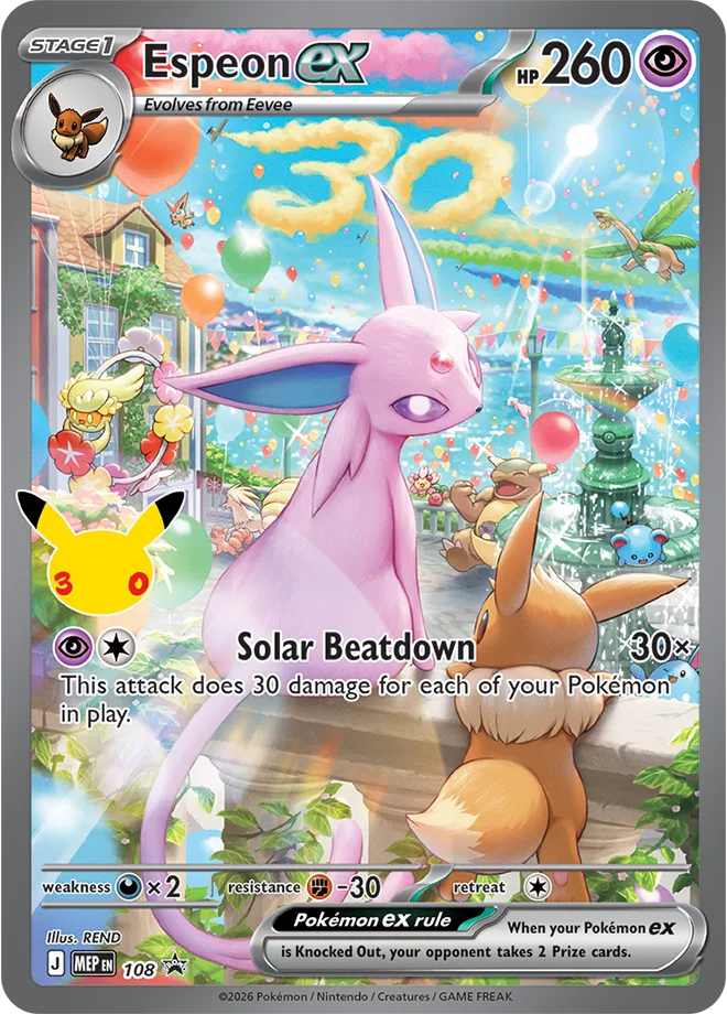 Espeon ex promo card from the 30th Celebration Ultra Premium Collection Day box, HP 260