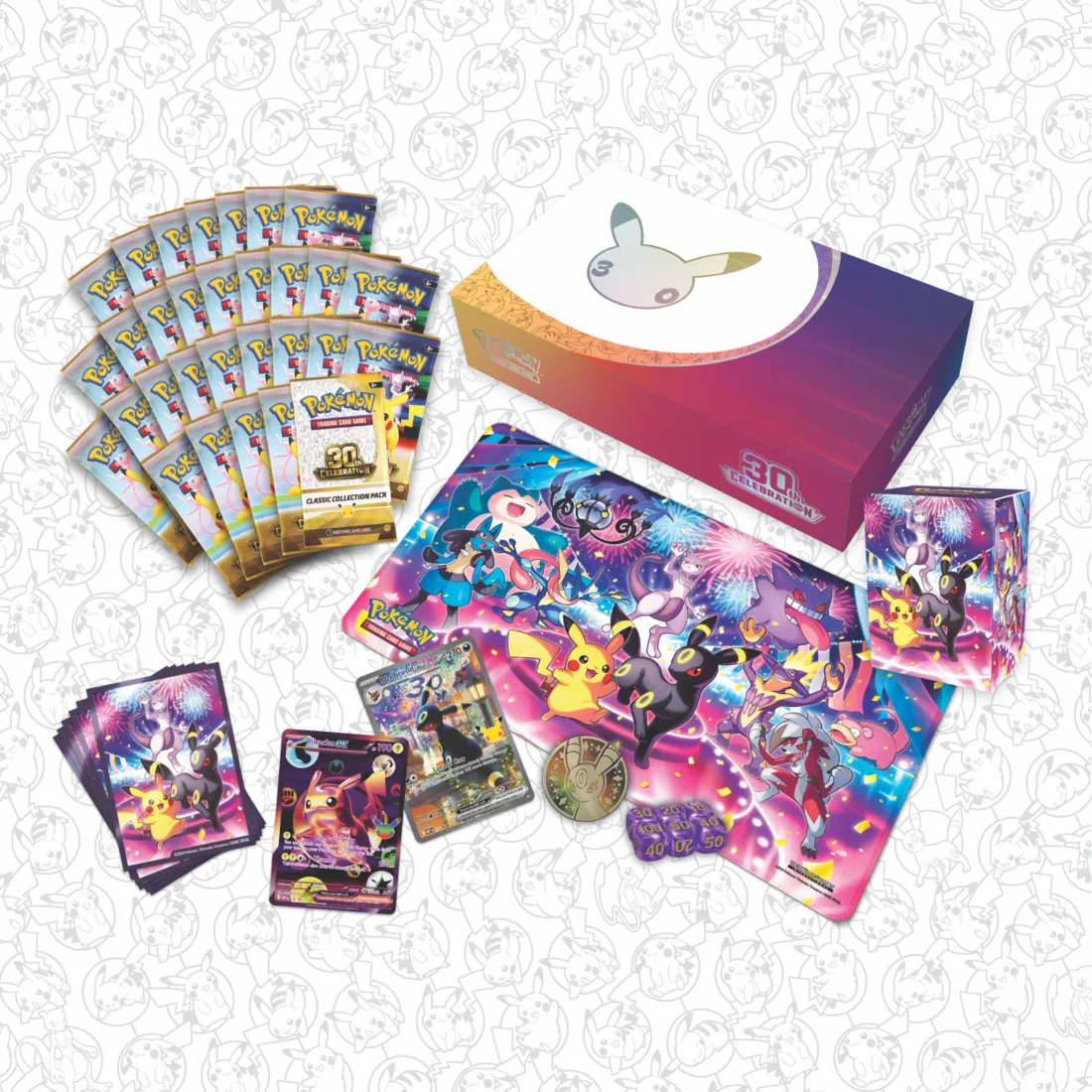 Everything included in the Night Ultra Premium Collection laid out: 29 booster packs, Classic Collection pack, playmat, deck box, sleeves, promo cards, coin and dice