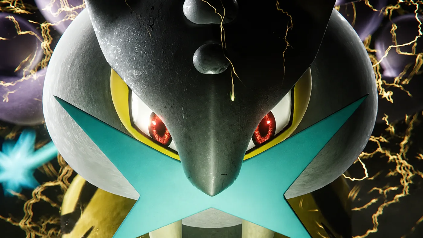 Close-up shot from the Pokémon ex★ teaser showing the new star mark against a lightning-charged background