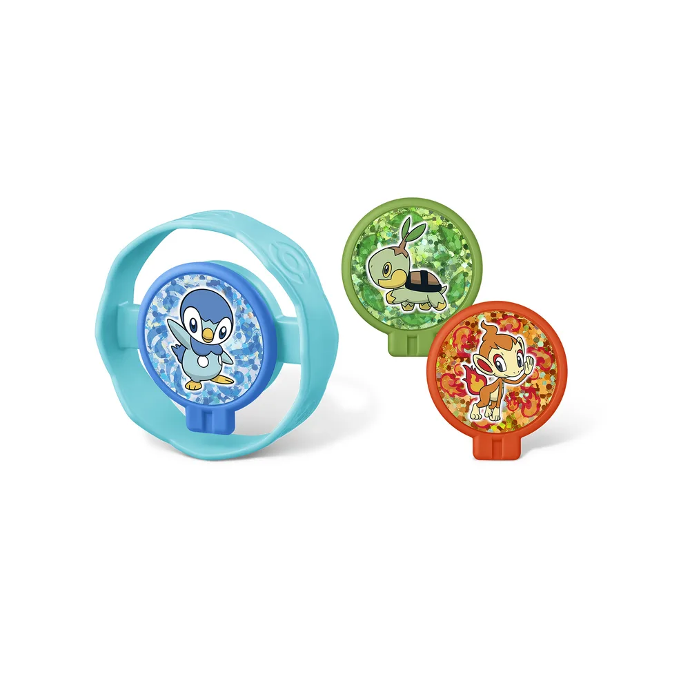 Rolling Ring toy in blue with holographic panels of Piplup, Turtwig and Chimchar