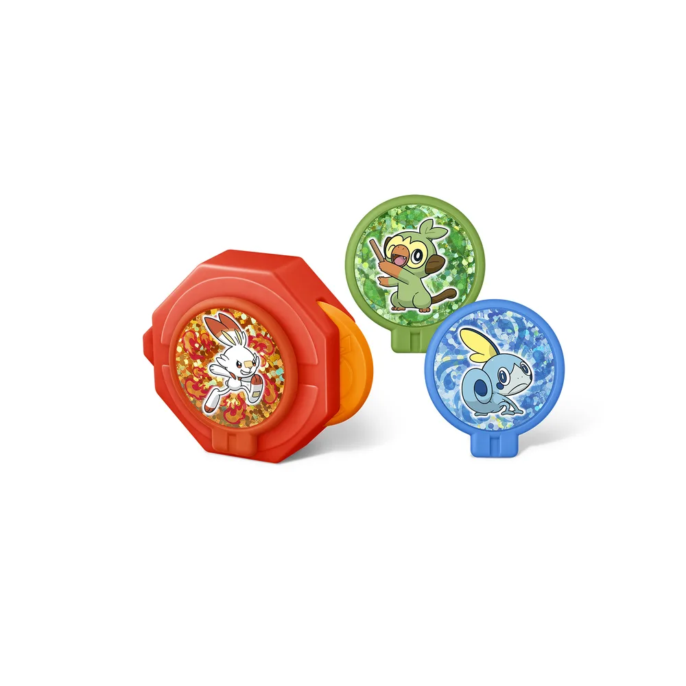 Button Disc Shooting toy in red with holographic panels of Scorbunny, Grookey and Sobble