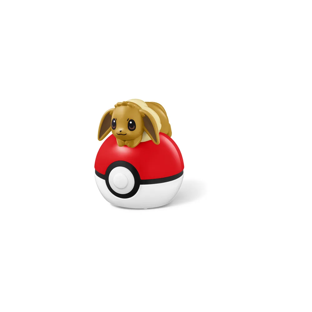 Eevee's Poké Ball Roller, with Eevee sitting on top of a red and white Poké Ball on wheels