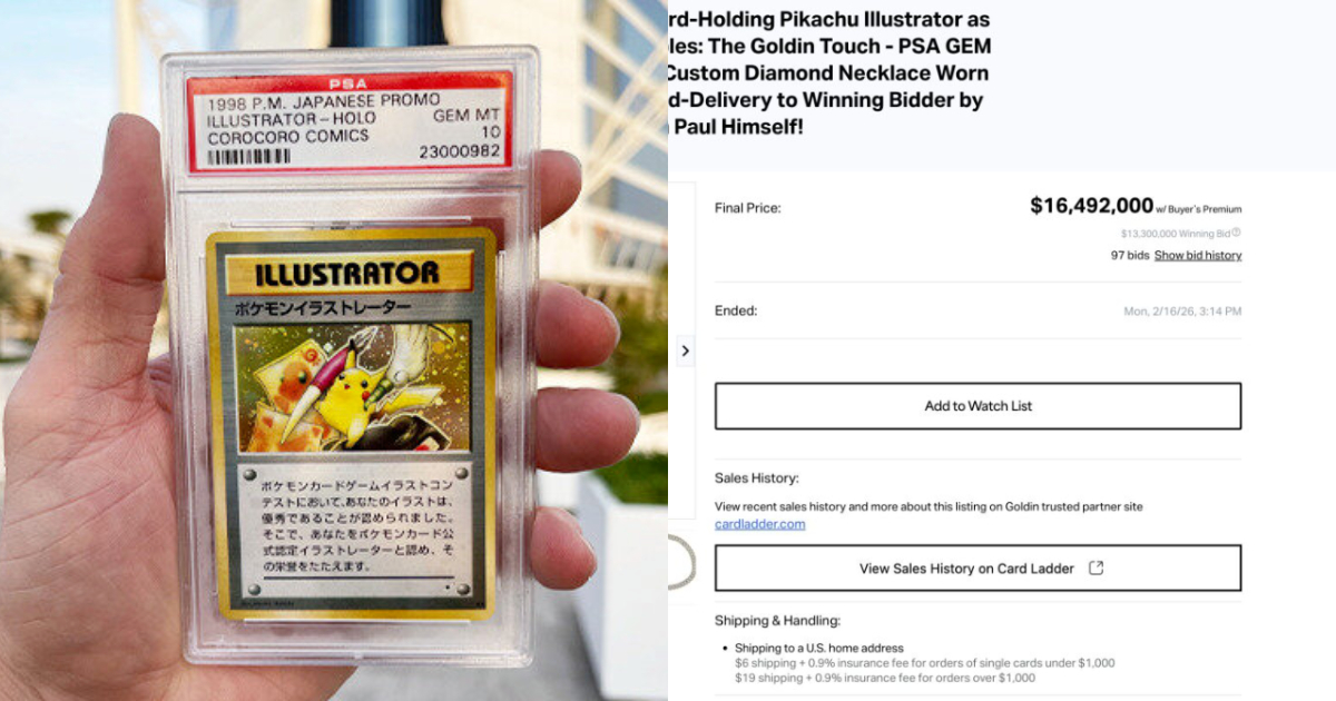 Pikachu Illustrator card beside the final Goldin auction result