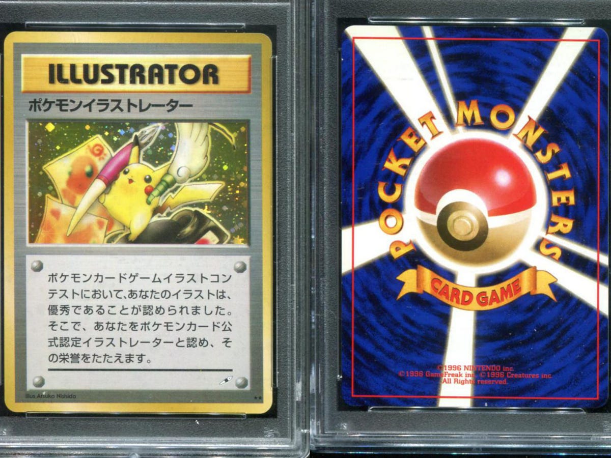 Front and back of a graded Pikachu Illustrator card